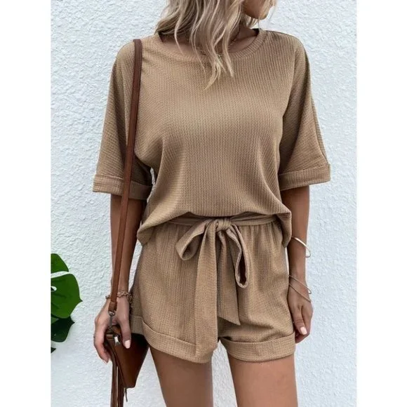 Khaki Casual comfy Batwing Sleeve Tee & Knot Front Shorts - Picture 1 of 8
